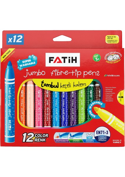 Jumbo Yıkanabilir Keçeli Boya Kalemi 12 Renk (Karton Kutu)