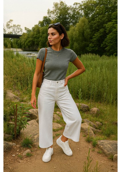 Kadın Beyaz Bol Paça Uzun Jean Pantolon