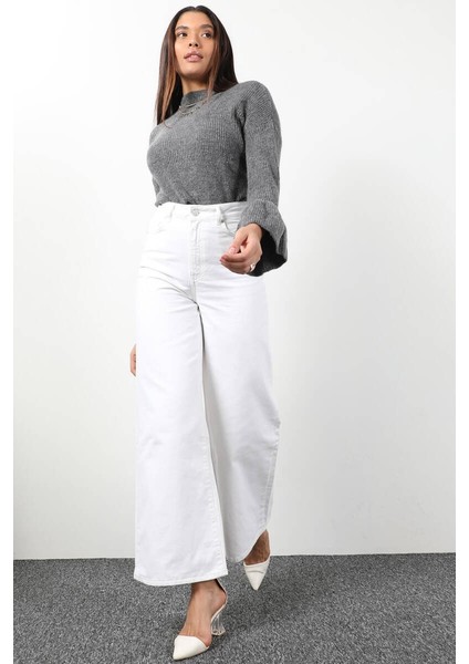 Kadın Beyaz Bol Paça Uzun Jean Pantolon
