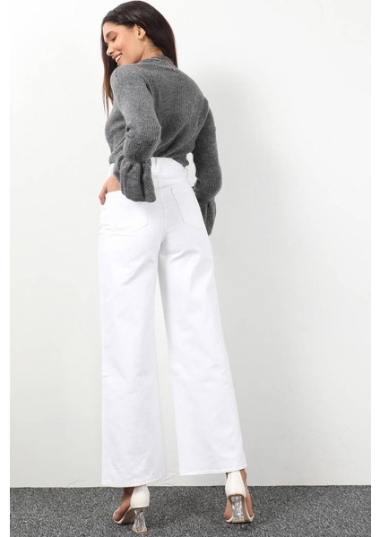 Kadın Beyaz Bol Paça Uzun Jean Pantolon