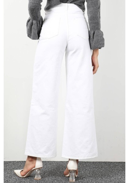 Kadın Beyaz Bol Paça Uzun Jean Pantolon