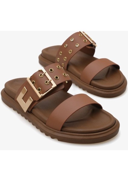 Kadın çift bantlı altın troklu tokalı günlük terlik Genty fiyatları