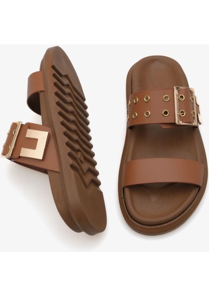 Kadın çift bantlı altın troklu tokalı günlük terlik Genty modelleri