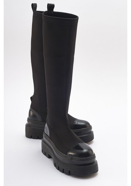 Celine Siyah Suni Deri ve Scuba Kumaş Kalın Topuklu Kadın Çizme – Günlük ve Şık Kombinler İçin Rahat Tasarım