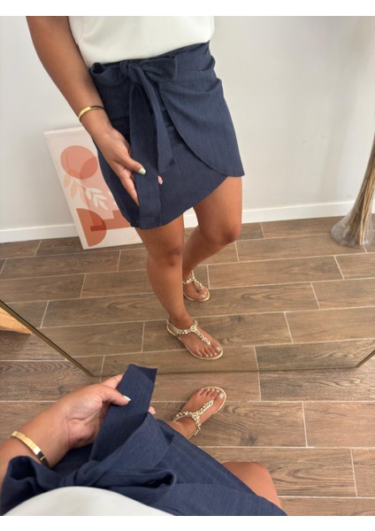 Kruvaze Bağlamalı Şehir Boy Keten Etek