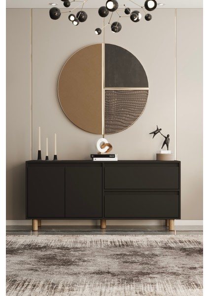 Mila Siyah Mdf 140 cm Raflı Kapaklı Konsol