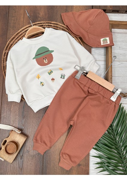 Kampçı Ayıcık Baskılı Safari Şapkalı 3lü Erkek Bebek Takım CG425383