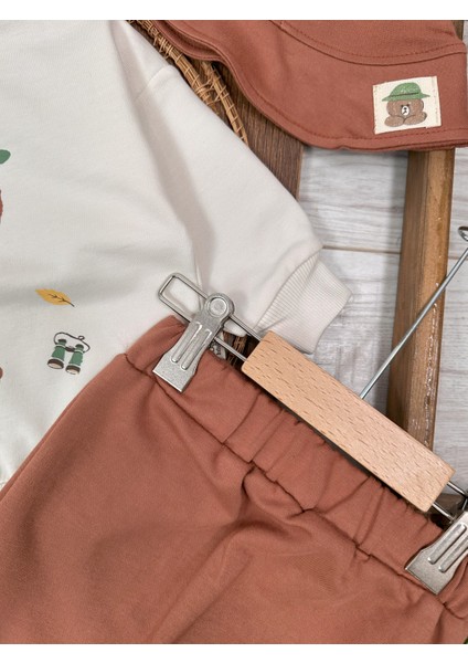 Kampçı Ayıcık Baskılı Safari Şapkalı 3lü Erkek Bebek Takım CG425383 modelleri