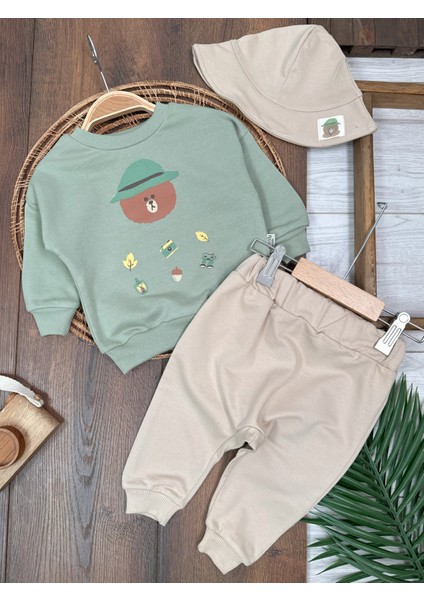 Kampçı Ayıcık Baskılı Safari Şapkalı 3lü Erkek Bebek Takım CG425383