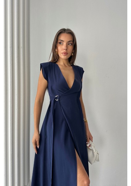 Kruvaze Vatkalı Kolsuz Elbise Modal Kumaş - Lacivert S-Lacivert