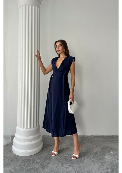Kruvaze Vatkalı Kolsuz Elbise Modal Kumaş - Lacivert S-Lacivert modelleri