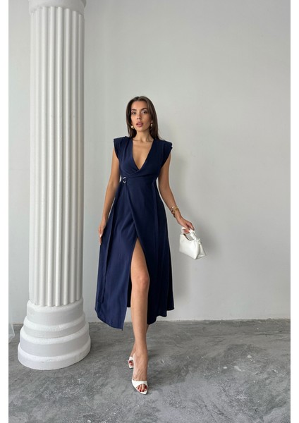 Kruvaze Vatkalı Kolsuz Elbise Modal Kumaş - Lacivert S-Lacivert fırsatları