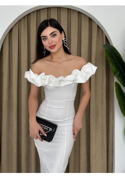 Popi Madonna Yaka Kalem Elbise M-Beyaz