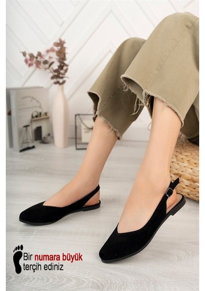 Kadın Siyah Süet Arkası Acık Sivri Burun Günlük Babet