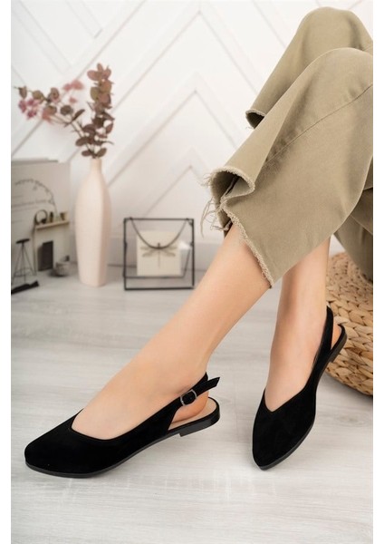 Kadın Siyah Süet Arkası Acık Sivri Burun Günlük Babet modelleri