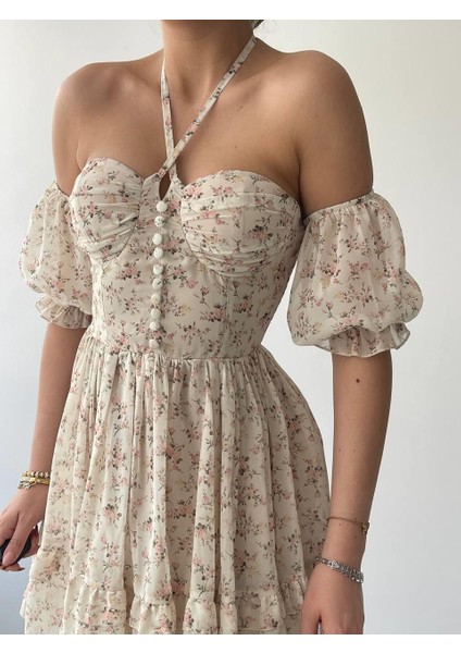 Hans Boyundan Bağlamalı Elbise L-Çi̇çek Desen fırsatları