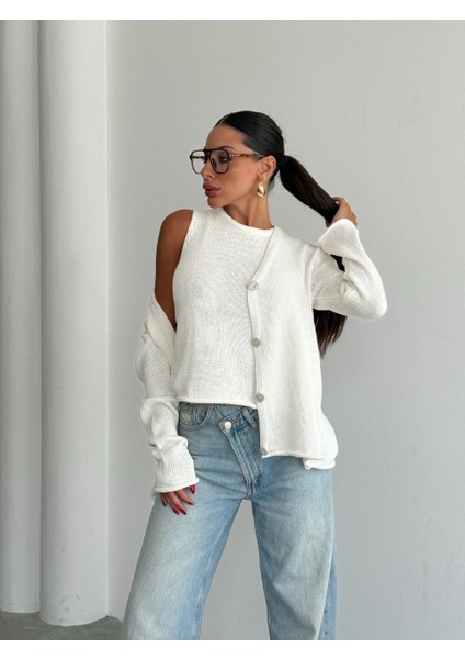 Kadın Giyim Ikili Bluz Hırka Triko Takım – Optik Beyaz Renk