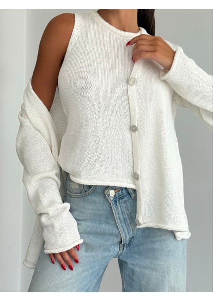 Kadın Giyim Ikili Bluz Hırka Triko Takım – Optik Beyaz Renk modelleri