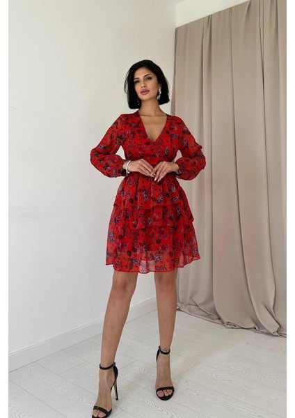 Kırmızı Kat Kat Şifon Elbise L-Kırmızı