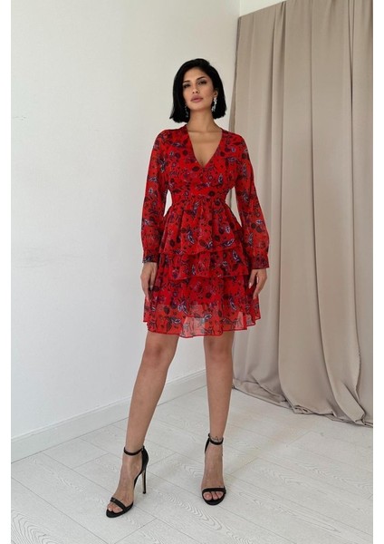 Kırmızı Kat Kat Şifon Elbise L-Kırmızı fiyatları
