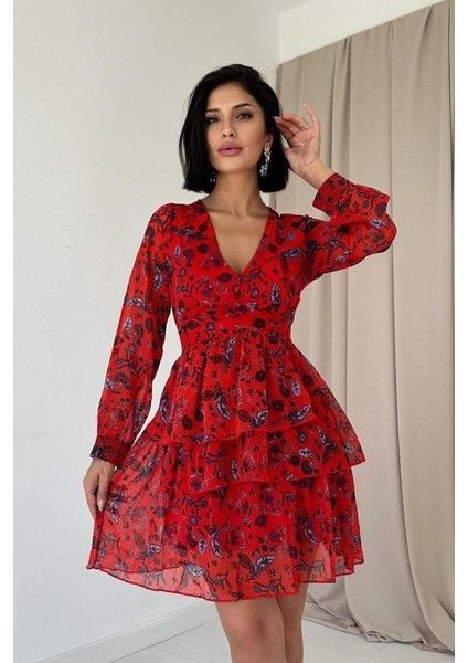 Kırmızı Kat Kat Şifon Elbise L-Kırmızı modelleri