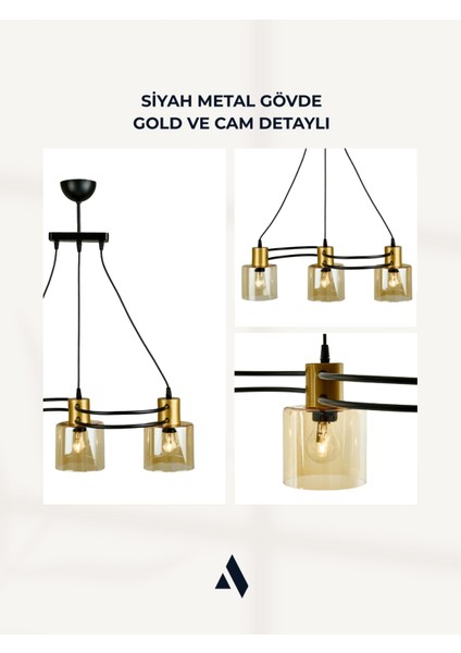 Verona 3’lü Dekoratif Cam Avize – Bal Rengi Cam, Gold Metal Gövde, Salon ve Oturma Odası Uyumlu fırsatları