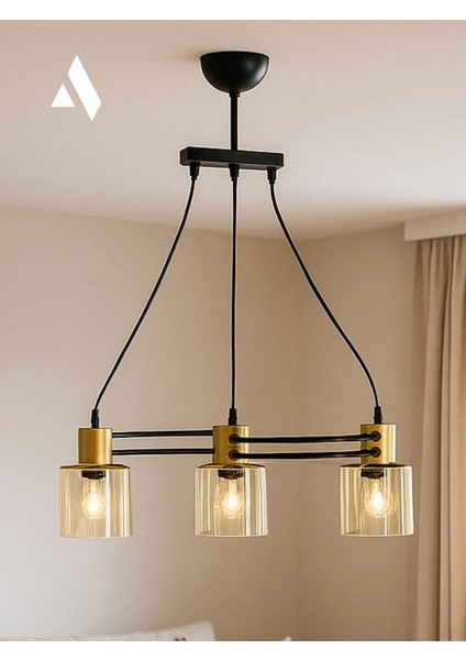 Verona 3’lü Dekoratif Cam Avize – Bal Rengi Cam, Gold Metal Gövde, Salon ve Oturma Odası Uyumlu