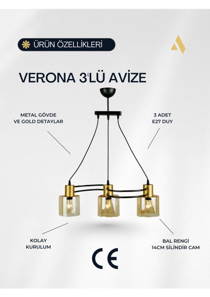Verona 3’lü Dekoratif Cam Avize – Bal Rengi Cam, Gold Metal Gövde, Salon ve Oturma Odası Uyumlu fiyatları