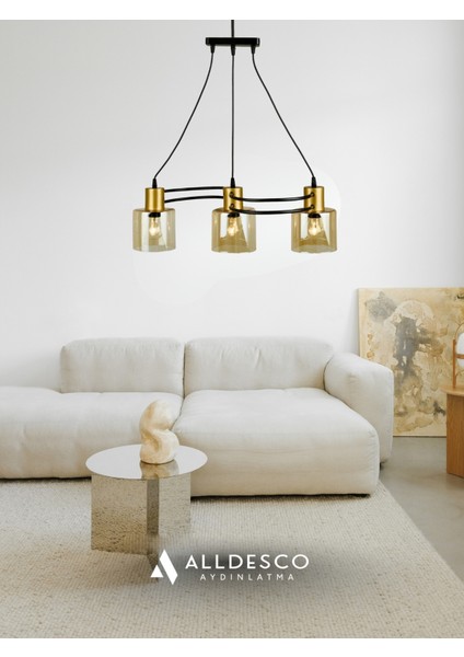 Verona 3’lü Dekoratif Cam Avize – Bal Rengi Cam, Gold Metal Gövde, Salon ve Oturma Odası Uyumlu indirimleri