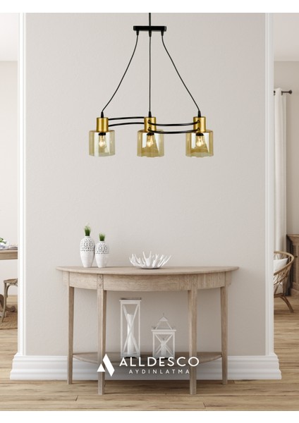 Verona 3’lü Dekoratif Cam Avize – Bal Rengi Cam, Gold Metal Gövde, Salon ve Oturma Odası Uyumlu modelleri