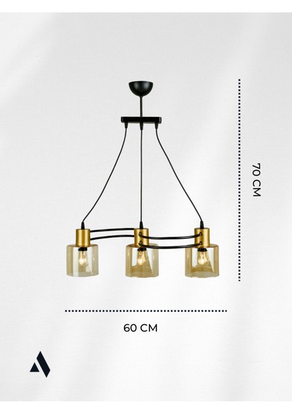 Verona 3’lü Dekoratif Cam Avize – Bal Rengi Cam, Gold Metal Gövde, Salon ve Oturma Odası Uyumlu