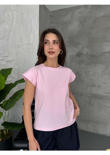 Kadın Basic Bisiklet Yaka Ay Kol T-Shirt %100 Pamuk