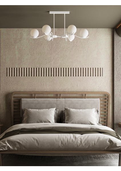 Merla2 6’lı Beyaz Metal Beyaz Camlı Avize | Modern Salon Sarkıt Aydınlatma | Retro Işık Tasarımı