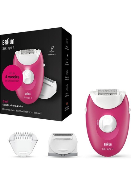 Silk Epil 3 3276 Smartlight Epilatör – 2 Hız Ayarlı, Pembe, Cilt Temas Başlıklı, Kuru ve Kablolu Kullanım İçin