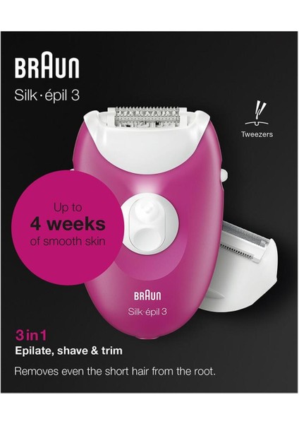 Silk Epil 3 3276 Smartlight Epilatör – 2 Hız Ayarlı, Pembe, Cilt Temas Başlıklı, Kuru ve Kablolu Kullanım İçin