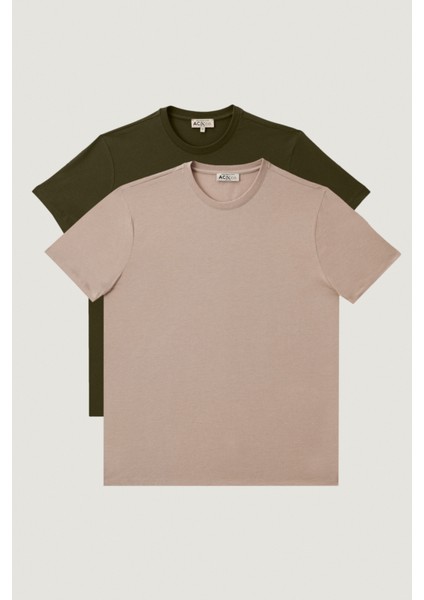Erkek Hakı-bej Melanj Slim Fit Dar Kesim Bisiklet Yaka 2'li Tişört Paketi