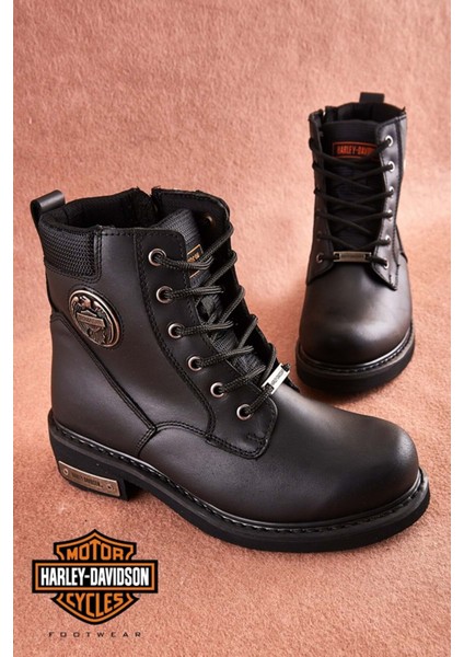 Jim Kadın Siyah Deri Bot – Kauçuk Taban, Sonbahar ve Kış İçin Outdoor ve Günlük Kullanım