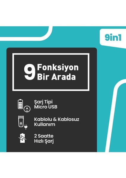 Vip 9'u 1 Arada Erkek Bakım ve Tıraş Seti – Folyo Başlık, Kablosuz, Hızlı Şarj, Saç ve Sakal Kesme, Siyah