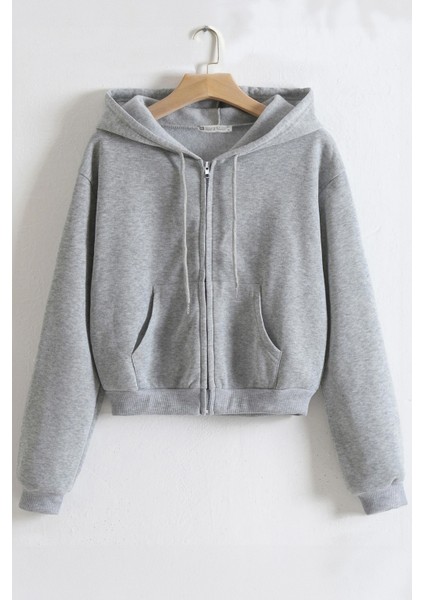 Kadın Pamuklu Crop Model Kanguru Cepli Sonbahar ve Ilkbahar Kapüşonlu Crop Sweatshirt