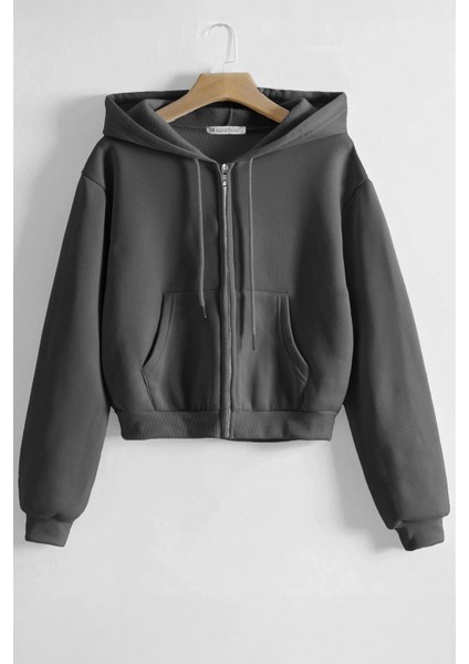 Kadın Pamuklu Crop Model Kanguru Cepli Sonbahar ve Ilkbahar Kapüşonlu Crop Sweatshirt