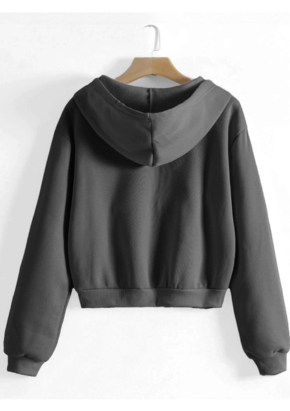 Kadın Pamuklu Crop Model Kanguru Cepli Sonbahar ve Ilkbahar Kapüşonlu Crop Sweatshirt fiyatları