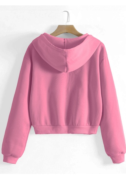 Kadın Pamuklu Crop Model Kanguru Cepli Sonbahar ve Ilkbahar Kapüşonlu Crop Sweatshirt fiyatları