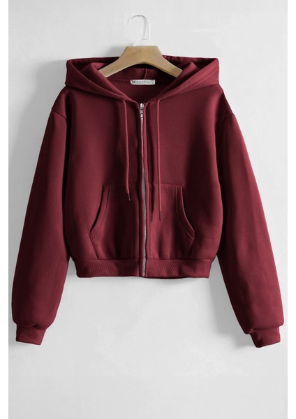 Kadın Pamuklu Crop Model Kanguru Cepli Sonbahar ve Ilkbahar Kapüşonlu Crop Sweatshirt