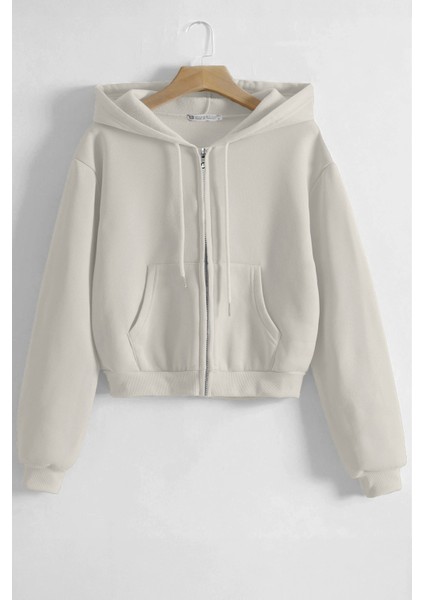 Kadın Pamuklu Crop Model Kanguru Cepli Sonbahar ve Ilkbahar Kapüşonlu Crop Sweatshirt