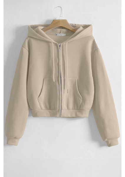 Kadın Pamuklu Crop Model Kanguru Cepli Sonbahar ve Ilkbahar Kapüşonlu Crop Sweatshirt