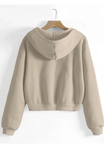 Kadın Pamuklu Crop Model Kanguru Cepli Sonbahar ve Ilkbahar Kapüşonlu Crop Sweatshirt fiyatları