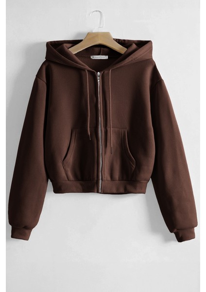 Kadın Pamuklu Crop Model Kanguru Cepli Sonbahar ve Ilkbahar Kapüşonlu Crop Sweatshirt