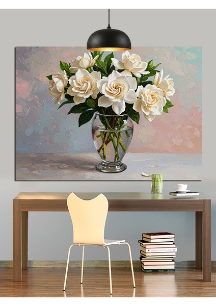 Vazoda Beyaz Çiçekler Dekoratif Kanvas - Mdf Ahşap Tablo