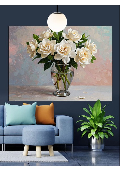 Vazoda Beyaz Çiçekler Dekoratif Kanvas - Mdf Ahşap Tablo fiyatları