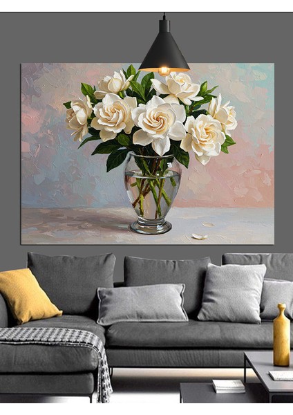 Vazoda Beyaz Çiçekler Dekoratif Kanvas - Mdf Ahşap Tablo fırsatları